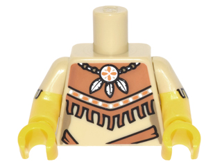 Lego Torso Female Outline Tribal Dress with Fringe and Necklace with 3 Feathers Pattern / Yellow Arms with Tan Short Sleeves with Fringe Pattern / Yellow Hands