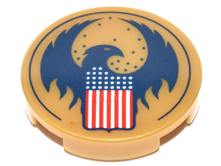 Lego Tile, Round 2 x 2 with Bottom Stud Holder with Blue Bird with Raised Wings and Flag with Red, White and Blue Stars and Stripes Pattern / Pearl Gold