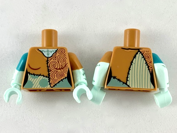 Lego Torso Female Patchwork Ragdoll with Small Spirals Pattern / Light Aqua Arms Short Sleeve and Sand Green Stitching Pattern / Light Aqua Hands