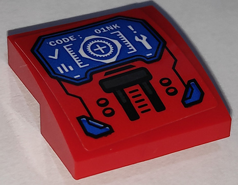 Lego Slope, Curved 2 x 2 x 2/3 with 'CODE:' and '01NK' on Blue Target Screen and Control Panel Pattern (Sticker) - Set 76151 / Red