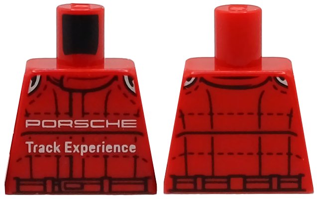 Lego Torso Racing Suit with Black Stitching, Silver Shoulder Trim and White 'PORSCHE Track Experience' Pattern / Red