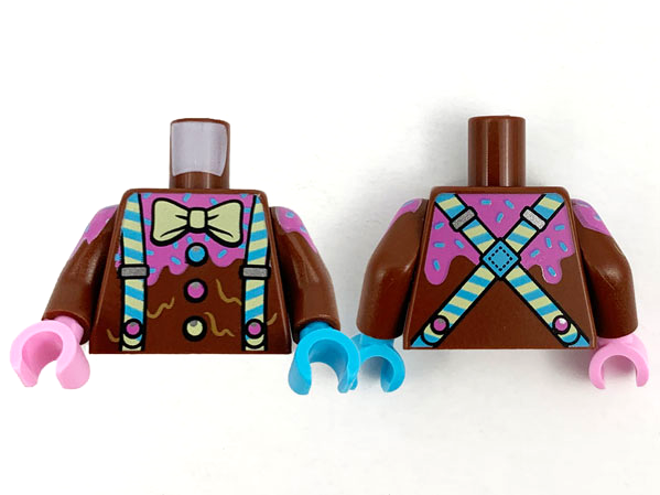 Lego Torso Bow Tie and Suspenders Pattern / Reddish Brown Arms with Topping and Sprinkles Pattern / Medium Azure Hand Left / Bright Pink Hand Right