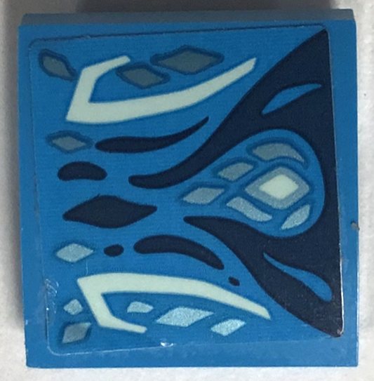 Lego Slope, Curved 2 x 2 x 2/3 with Light Aqua Markings, Dark Blue Skin and Metallic Light Blue Scales Pattern Model Right Side (Sticker) - Set 71754 / Dark Azure