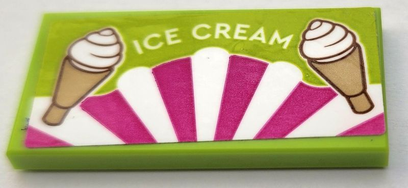 Lego Tile 2 x 4 with 'ICE CREAM', Tan Cones, Magenta and White Awning Pattern (Sticker) - Set 60328