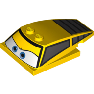 Lego Brick Wedged, Curved 6 x 4 x 1 1/3 with 4 x 4 Base with Blue Eyes, Windows and Rear Grille Print (Jeff Gorvette) / Yellow