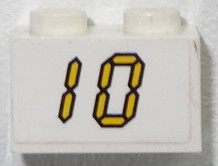 Lego Brick 1 x 2 with Yellow Digital '10' on White Background Pattern (Sticker) - Set 3568 / White