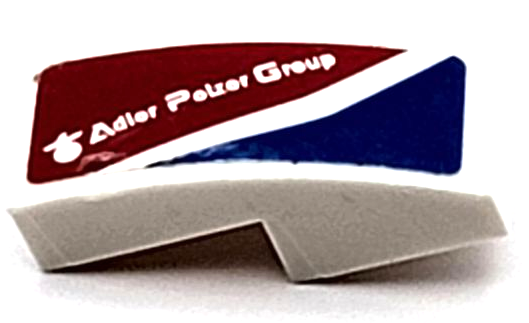 Lego Slope, Curved 2 x 1 x 2/3 with White 'Adler Pelzer Group' and Stripe on Red and Blue Background Pattern Model Left Side (Sticker) - Set 75889 / White