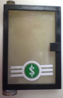 Lego Door 1 x 4 x 5 Left with Trans-Brown Glass and Dollar Sign '$' in Green Circle Pattern (Sticker) - Set 4854