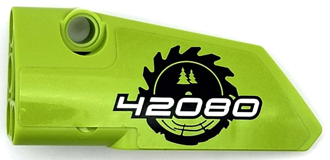 Lego Technic, Panel Fairing # 3 Small Smooth Long, Side A with Black Circular Saw Blade and White '42080' Pattern (Sticker) – Set 42080 / Lime