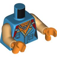 Lego Torso, Jacket, Yellow Trim, Silver Necklace, Orange Shirt, Red Straps print, Warm Tan Arms, Bright Light Orange Hands / Dark Azure