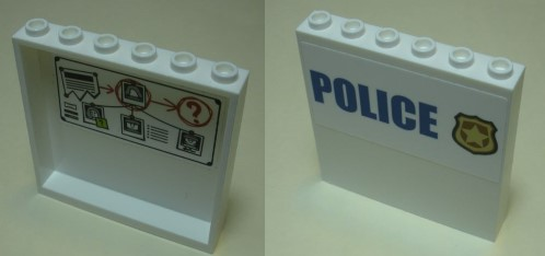 Lego Panel 1 x 6 x 5 with Blue 'POLICE' on White Background and Gold Police Badge on Outside and Bulletin Board Red Circles, Question Marks and Photos on Inside Pattern (Stickers) - Set 60139 / White