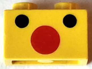 Lego Brick 1 x 2 with Black Dots Eyes and Large Red Dot Mouth Face Pattern