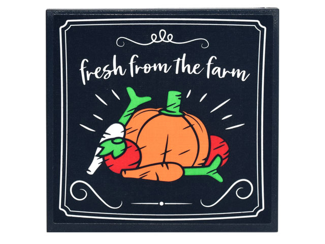 Lego Tile 6 x 6 with Bottom Tubes, Textured Surface with Sign, White Borders, Script 'fresh from the farm' and Pumpkin, Carrots, and Tomatoes Pattern (Sticker) - Set 10290 / Black