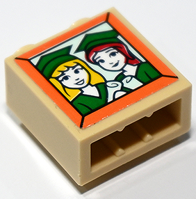 Lego Brick, Modified 1 x 2 x 1 2/3 with Studs on Side with Picture of Girls at Graduation, Green Gowns and Mortarboards on Yellow Background in Orange Frame Pattern (Sticker) - Set 41730 / Tan
