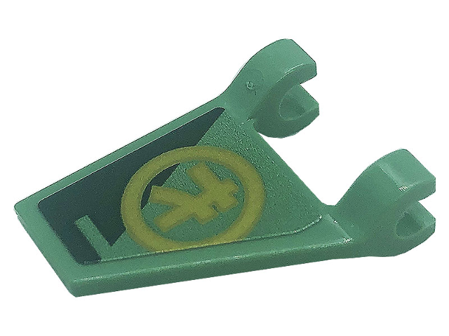 Lego Flag 2 x 2 Trapezoid with Flat Edge with Gold Ninjago L Symbol in Circle and Dark Green Triangle Pattern Model Left Side (Sticker) - Set 71745 / Sand Green