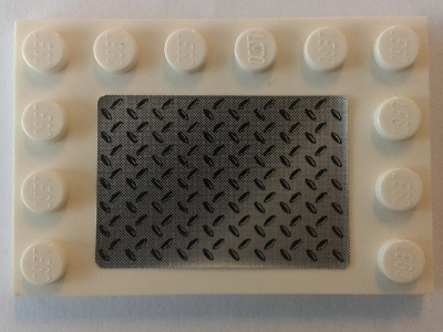 Lego Tile, Modified 4 x 6 with Studs on Edges with Silver Tread Plate Pattern (Sticker) - Set 8292/8289 / White