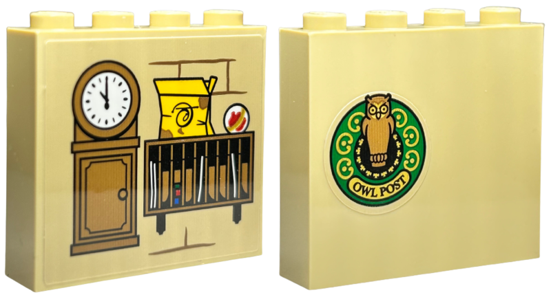 Lego Brick 1 x 4 x 3 with Medium Nougat Grand Father Clock, File Organiser Cabinet, Yellow Box, Red Remembrall, Black 'Owl Post' Logo On Green Circle with Gold Ornate Border Pattern on Both Sides (Stickers) - Set 76423 / Tan