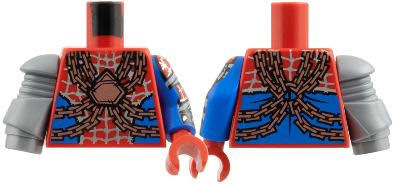 Lego Torso Silver Webbing, Copper Chains, Blue Side Panels Pattern / Blue Arm Left with Red Sleeve, Silver Webbing, Light Bluish Gray Wrappings, Dark Bluish Gray Cuff Pattern and Red Hand / Flat Silver Mech Arm Right