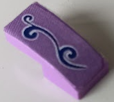 Lego Slope, Curved 2 x 1 x 2/3 with Dark Purple Scrollwork with White Outline Pattern Model Right Side (Sticker) - Set 41351 / Medium Lavender