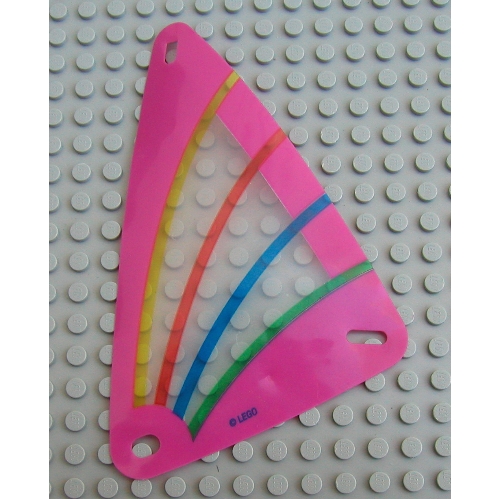 Lego Sail, Windsurfer, 9 x 15 Triangle, with Dark Pink Border and Green, Blue, Red and Yellow Stripes Print / Trans-Clear