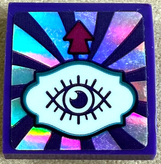 Lego Slope, Curved 2 x 2 x 2/3 with Eye on White Sign, Magenta Arrow and Iridescent Mirrored Swirl Pattern (Sticker) - Set 41688 / Dark Purple