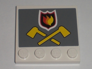 Lego Tile, Modified 4 x 4 with Studs on Edge with Fire Logo Badge and Crossed Yellow Axes on Dark Bluish Gray Background Pattern (Sticker) - Set 7208 / White