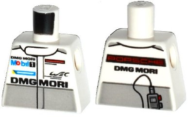 Lego Torso Racing Suit with 'PORSCHE DMG MORI', Mobil 1 Logo and Light Bluish Gray Stripe and Radio on Back Pattern / White