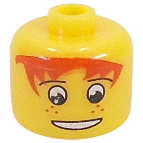 Lego Pen Bead, Round Large, Curved Edges / Cylinder with Minifig Head with Red Hair, White Eyes, Freckles Print