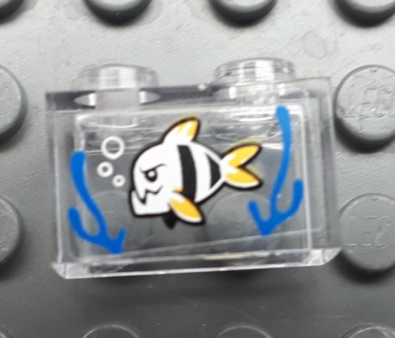Lego Brick 1 x 2 without Bottom Tube with Fish and Blue Seagrass Pattern (Sticker) - Set 60174