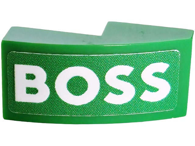 Lego Slope, Curved 2 x 1 x 2/3 with White 'BOSS' Pattern Model Left Side (Sticker) - Set 42240
