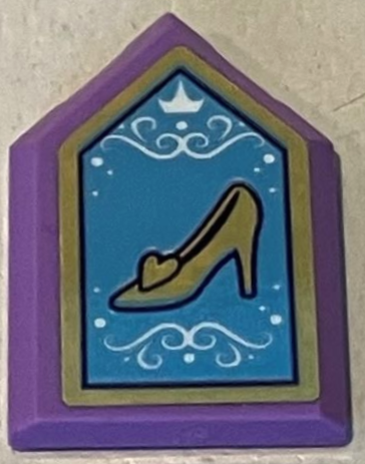 Lego Tile, Modified 2 x 3 Pentagonal with Gold Holographic Frame and Shoe (Cinderella Glass Slipper), White Crown and Filigree on Medium Blue Background Pattern (Sticker) - Set 43193 / Medium Lavender