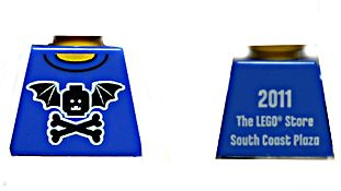 Lego Torso Black Bat Minifigure Head with Wings and Crossbones, Yellow Neck, '2011 The LEGO Store South Coast Plaza' on Back Pattern / Blue