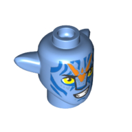 Lego Minifig Head Special Alien Na'vi with Yellow Eyes, Blue/Orange Markings, Angry print / Medium Blue