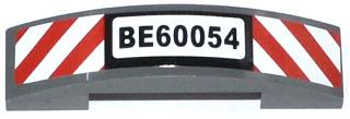 Lego Slope, Curved 4 x 1 x 2/3 Double with 'BE60054' and Red and White Danger Stripes Pattern (Sticker) - Set 60054