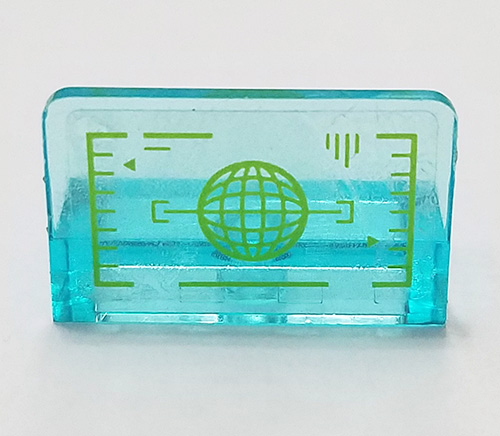 Lego Panel 1 x 2 x 1 with Lime Head-Up Display (HUD) with Wire Frame Globe Pattern (Sticker) - Set 76023 / Trans-Light Blue