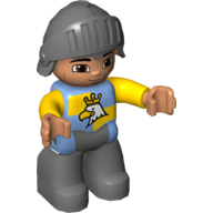 Lego Duplo Figure with Knight Helmet, with Dark Bluish Gray Legs, Blue and Yellow Chest with Crowned Eagle / Medium Blue
