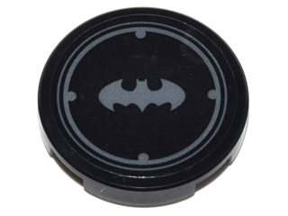 Lego Tile, Round 2 x 2 with Bottom Stud Holder with Silver Batman Logo with Circles Border Pattern (Sticker) - Set 70905 / Black