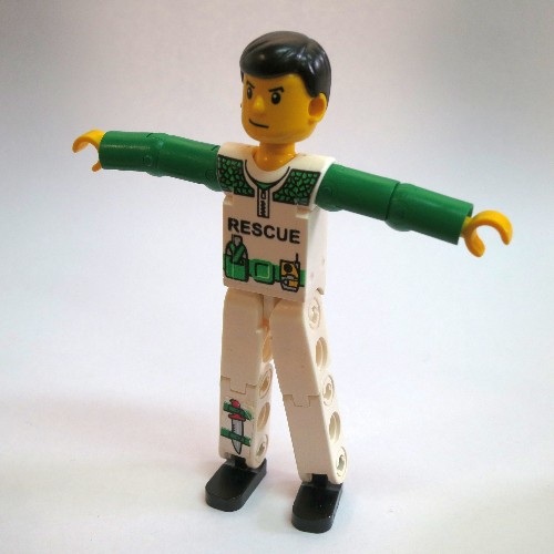 Lego Technic Figure White Legs with Knife (sticker) on Right Leg, White Top with White and Green Torso with Rescue Print, Green Arms [8255]