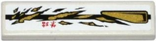 Lego Tile 1 x 4 with Black Stripe, Red Asian Characters, Gold Air Intake and Spatters Pattern Model Left Side (Sticker) - Set 70725