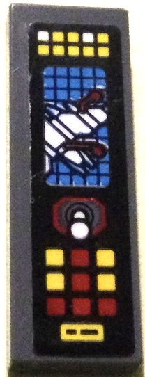Lego Tile 1 x 3 with Control Panel with Joystick, Red and Yellow Buttons and White Batwing on Black Grid Pattern Model Left Side (Sticker) - Set 70916 / Dark Bluish Gray