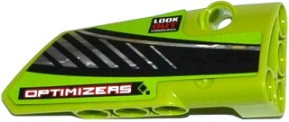 Lego Technic, Panel Fairing # 4 Small Smooth Long, Side B with 'LOOK OUT', 'OPTIMIZERS' and Black and Silver Stripes Pattern (Sticker) - Set 42037 / Lime