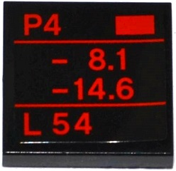 Lego Tile 2 x 2 with Red Rectangle, Lines, 'P4', '-8.1', '-14.6' and L54' Pattern (Sticker) - Set 75911 / Black