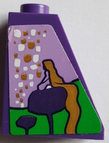 Lego Slope 65 2 x 1 x 2 with Painting of Gold and White Sky Lanterns, Trees and Rapunzel on Medium Lavender and Bright Green Background Pattern Model Right Side (Sticker) - Set 43187