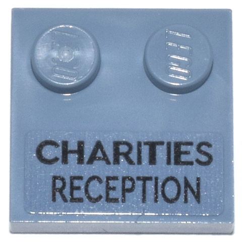 Lego Tile, Modified 2 x 2 with Studs on Edge with Black 'CHARITIES RECEPTION' Pattern (Sticker) - Set 76271 / Sand Blue