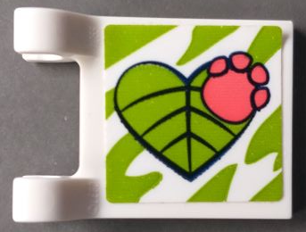 Lego Flag 2 x 2 Square with Flat Edge with Coral Paw Print on Lime Heart Shaped Leaf Pattern (Sticker) - Set 41422 / White