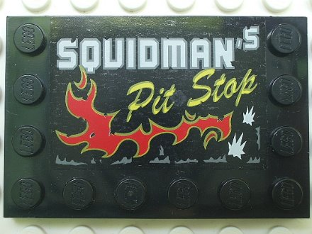 Lego Tile, Modified 4 x 6 with Studs on Edges with 'SQUIDMAN's Pit Stop' Pattern (Sticker) - Set 5980
