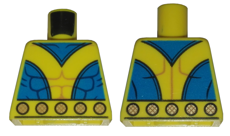 Lego Torso Super Hero Costume with Muscles Outline, Blue Side and Neck Panels, and Belt with Gold Circles Pattern / Yellow