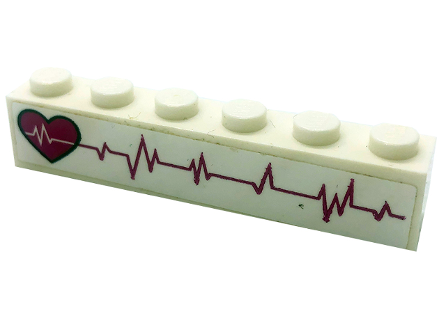 Lego Brick 1 x 6 with Magenta Heart and Heart Beat Pattern Model Right Side (Sticker) - Set 41318 / White