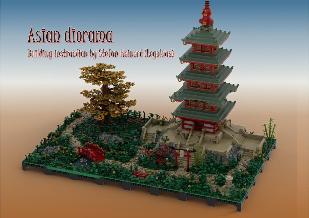 Lego Asian diorama with pagoda, bridge and tree