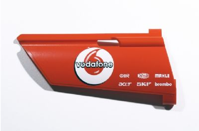 Lego Technic, Panel Fairing #21 Large Long, Small Hole, Side B with 'vodafone', 'OMR', 'MAGNETI MARELLI', 'MAHLE', 'acer', 'SKF' and 'brembo' Pattern (Sticker) - Set 8674 / Red